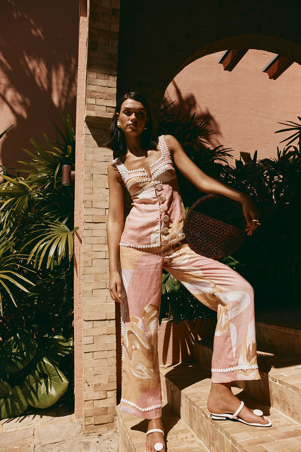 Calça de verão de cintura alta com estampa artística – estilo europeu